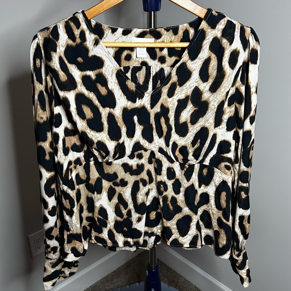 H&M Leopard Print Long Sleeve Peplum Blouse - Size Medium